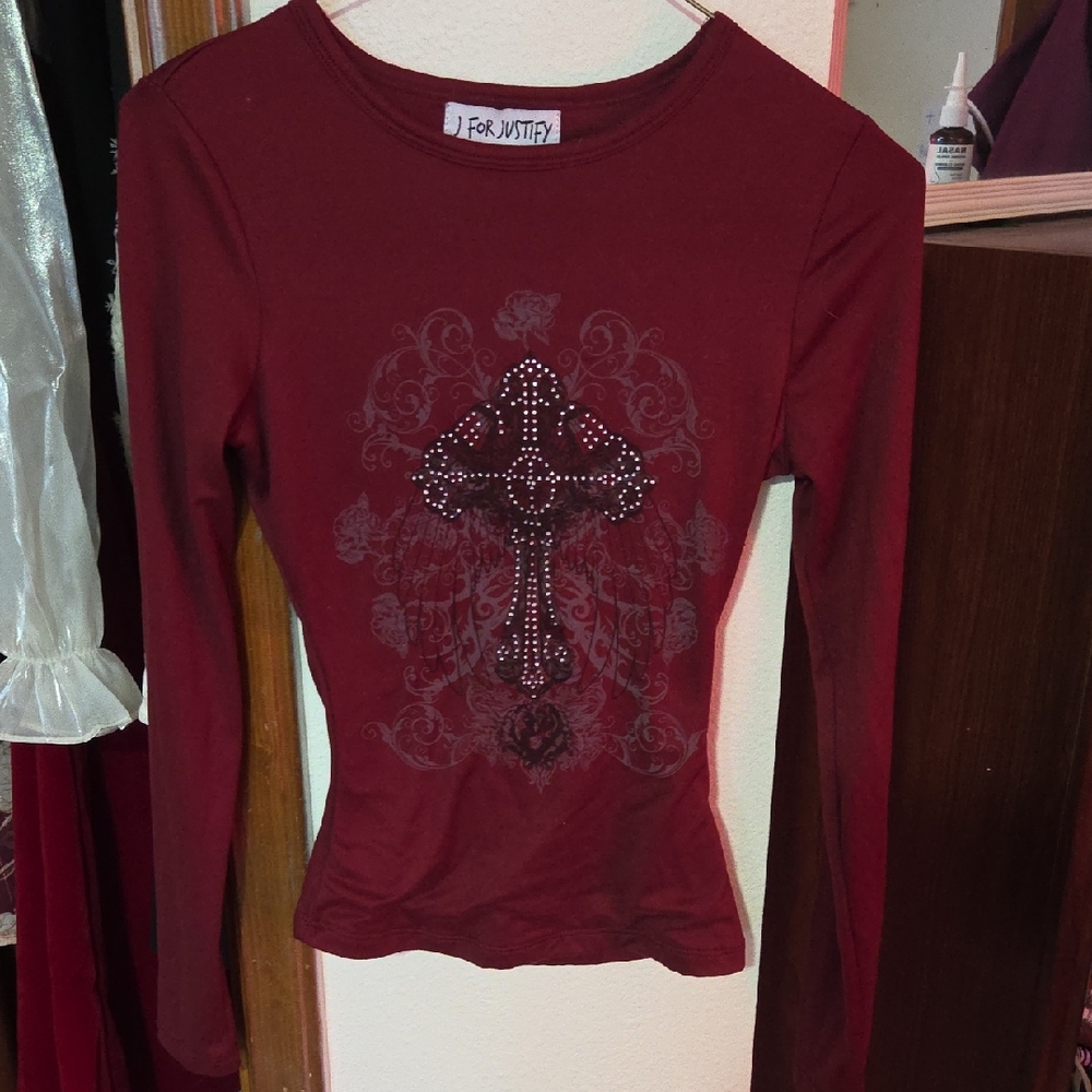 J for Justify Wine Long-Sleeve Tee with Studded Cross